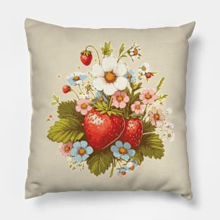 Strawberries and Flowers Cottagecore Pillow