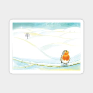 Red Robin in Winter on Snowy Branch Magnet