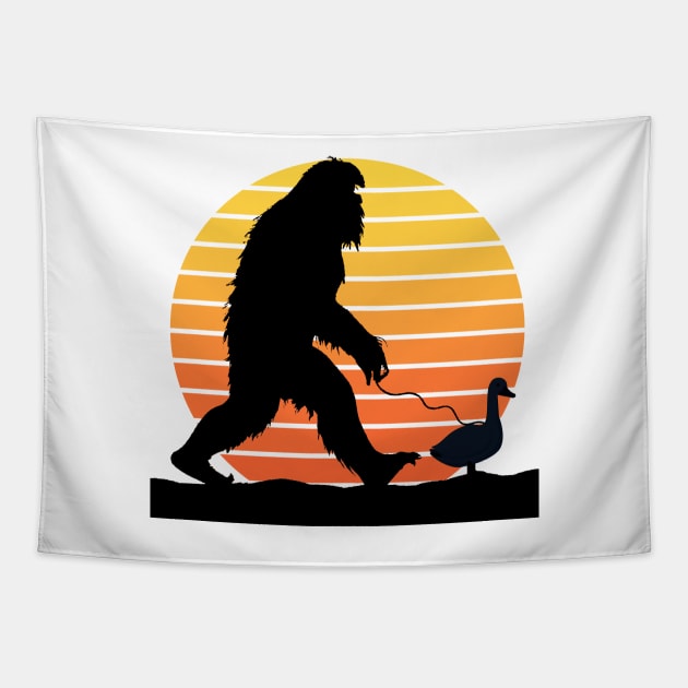 Bigfoot walking a duck on a leash Tapestry by FlippinTurtles