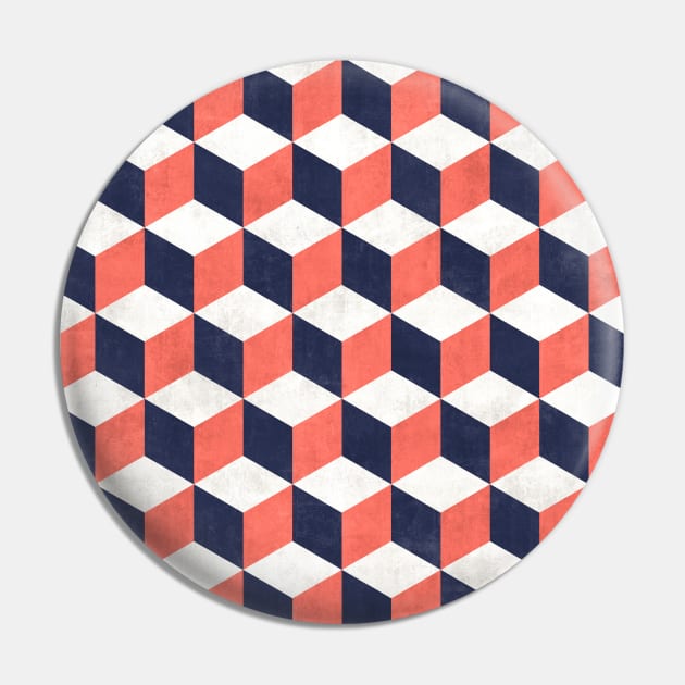 Geometric Cube Pattern - Coral, White, Blue Concrete Pin by ZoltanRatko