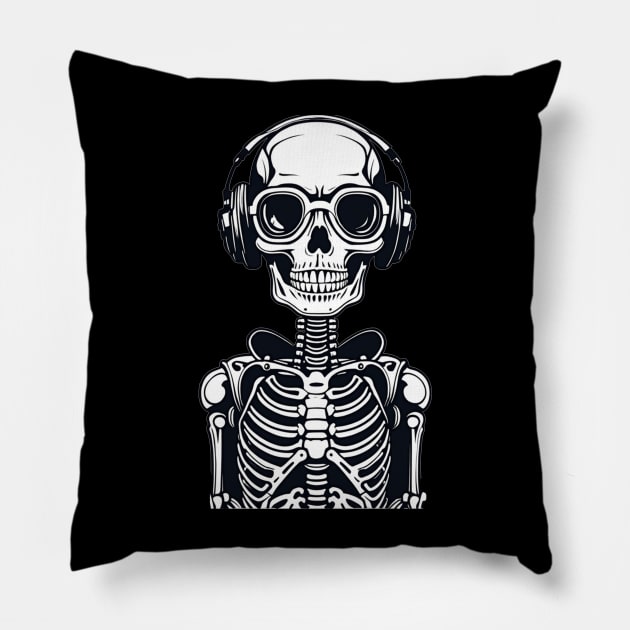 Skeleton with headphones music lover design Pillow by Edgi