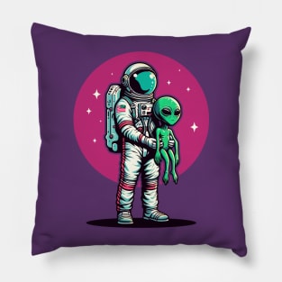 Astronaut carrying a green baby alien Pillow