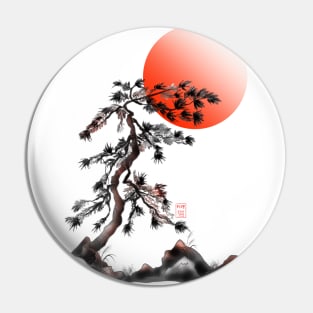 One japanese pine tree with a red rising sun Pin