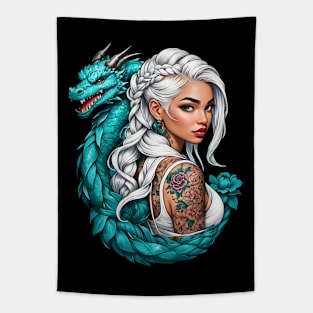 Bohemian Tattooed Girl with a dragon pet comic design Tapestry