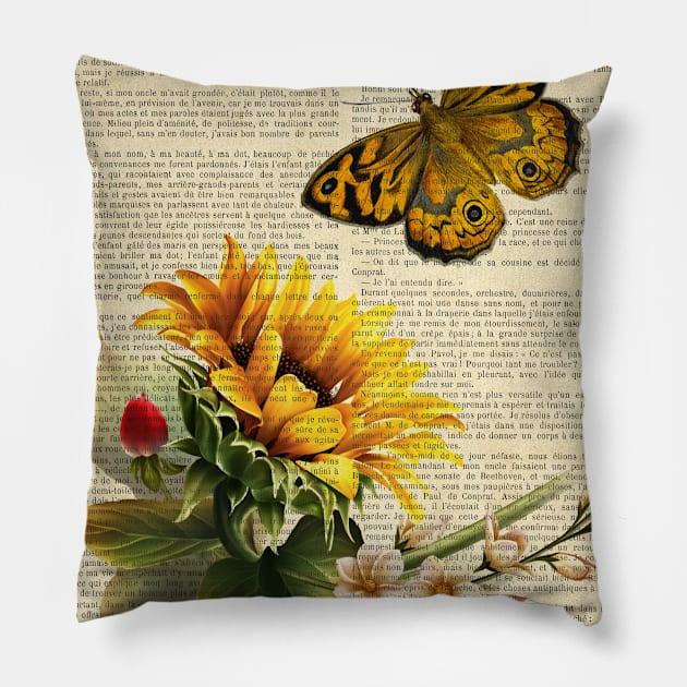 Botanical print - Sunflower and butterfly Pillow by redwitchart