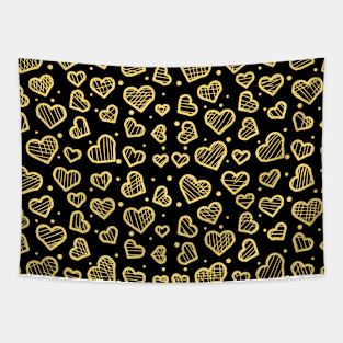 Brown Artistic Sketchy Hearts Seamless Pattern on Black Background Tapestry