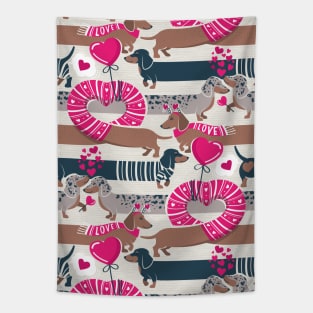 Dachshunds long love // beige background fuchsia pink hearts scarves sweaters and other Valentine's Day details brown nile blue and dark grey spotted funny doxies dog puppies Tapestry