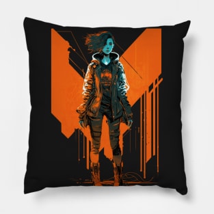 Cyberpunk Girl On Orange Neon Background Pillow