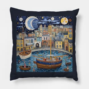 Night at Falmouth Harbour, Cornwall Folk Art Pillow