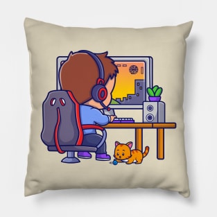 Cute Boy Gamer Playing Game On Computer Cartoon Pillow