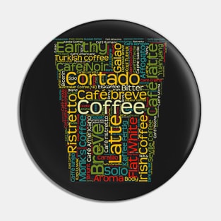 Coffee Barista Java Lover TShirt with 100 Term Word Cloud Pin