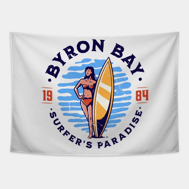 Vintage Byron Bay, Australia Surfer's Paradise // Retro Surfing 1980s Badge B Tapestry by Now Boarding