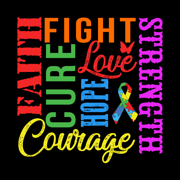 Autism Awareness T-Shirt Fight Faith Hope Love Cure Courage Strength by Lones Eiless