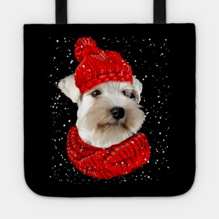 Miniature Schnauzer Wearing Red Hat And Scarf Christmas Tote