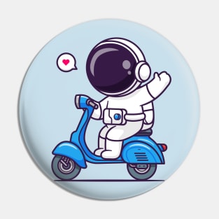 Cute Astronaut Waving Hand On Scooter Cartoon Pin