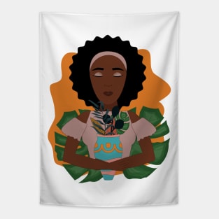 Cute African girl loves the nature and plants holding a vase of different leaves Tapestry