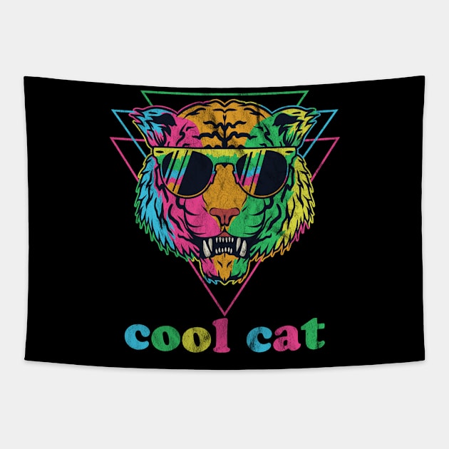 Cool Cat 80s Vibe Tapestry by Golden Eagle Design Studio