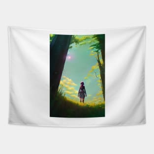 Anime Girl Spring Mysterious Sun Forest Landscape Tapestry