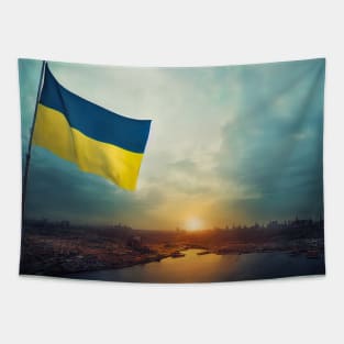 Ukrainian flag on a city , Free city's of Ukraine , Ukraine is winning 3d illustrated Tapestry