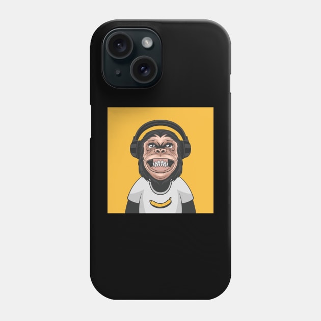 funny smiling chimpanzee ape with headphones and banana Phone Case by AMK Stores