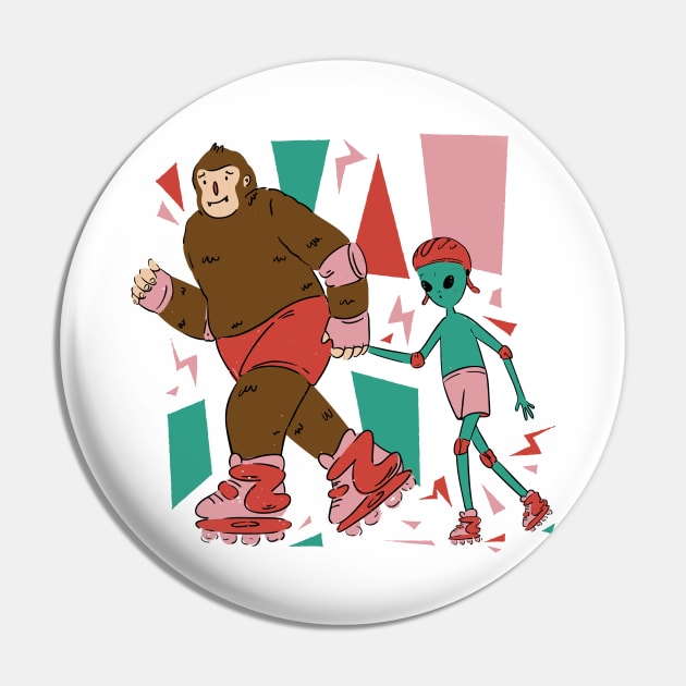 Funny Bigfoot And Alien Skating Roller Skate Pin by Tesszero