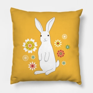 Sunshine Rabbit with flowers - Easter Bunny - white, yellow and teal - by Cecca Designs Pillow