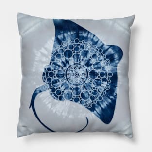 Manta Ray Mandala Indigo Blue Tie Dye Pillow