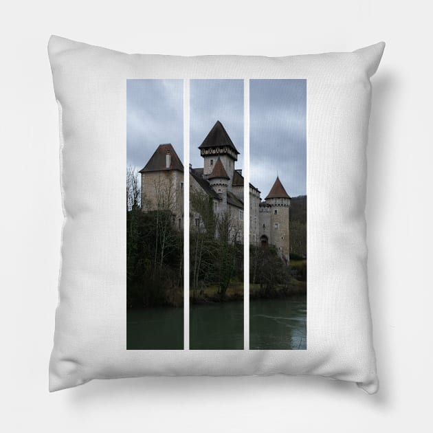 The castle of Cleron is a 14th-century castle on the river Loue in the Bourgogne-Franche-Comte. Cloudy winter day. (vertical) Pillow by fabbroni-art