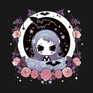 Gothic Portrait of Kawaii Vampire Girl with flowers and bats T-Shirt