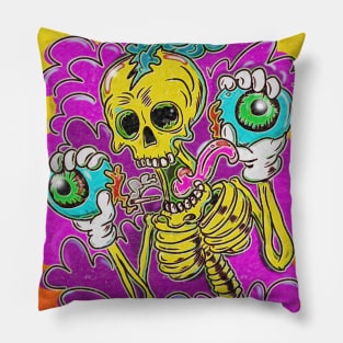 Psychedelic Skeleton holding eyeballs Pillow