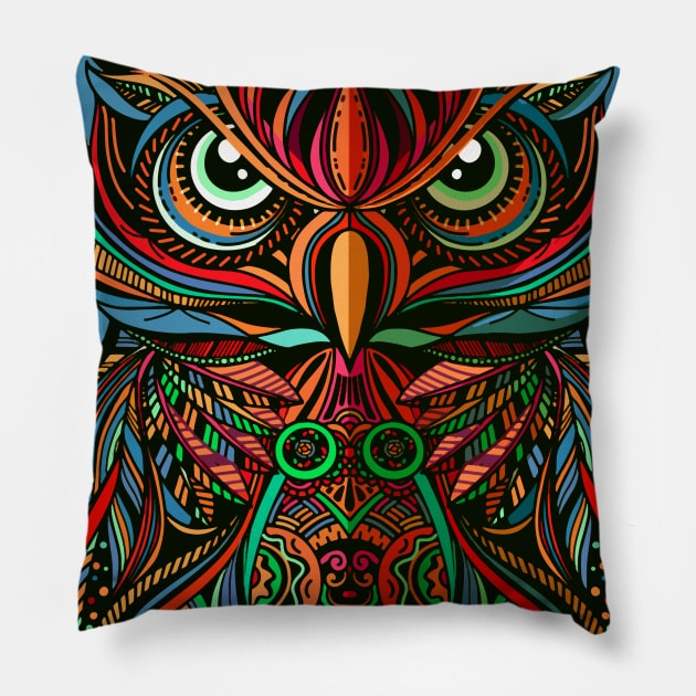 Psychedelic Woodcut Owl Pillow by machmigo