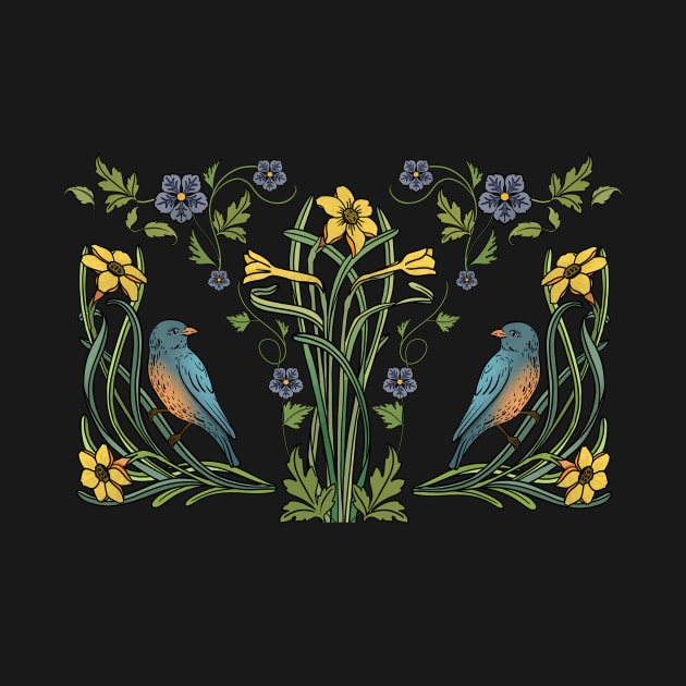 Art Nouveau Bluebirds, Sunflowers And Daffodils by LittleBunnySunshine