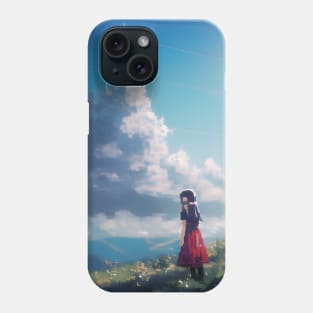 A girl in a red dress standing on a hill and looking at castle shaped clouds Phone Case