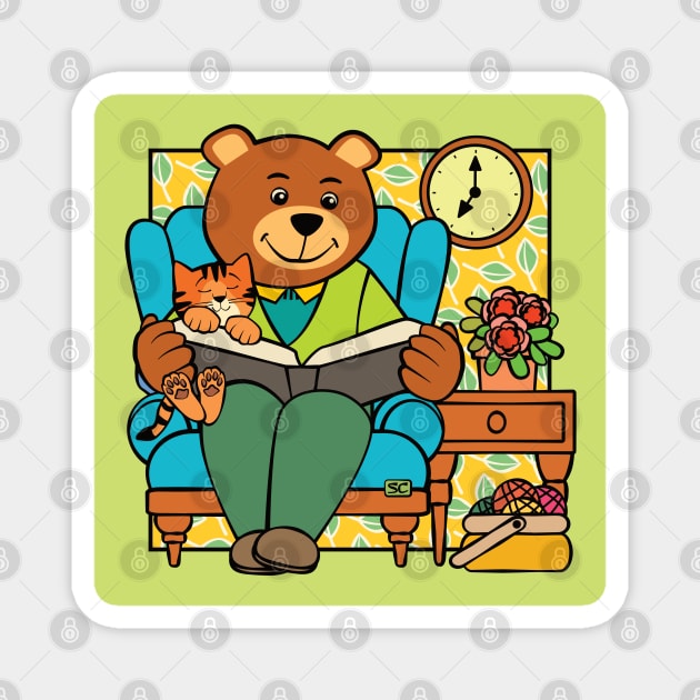 Paw Bear Reading to Cat Magnet by Sue Cervenka