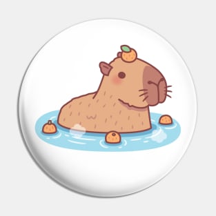 Cute Capybara With Orange On Head Chilling In Hot Spring Pin