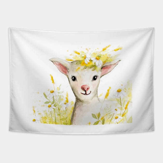 Watercolor lamb with flowers Tapestry by Magic Mouse Illustration