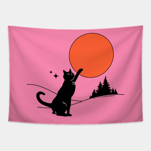 Cool Sun Black Cat in pink Tapestry by The Charcoal Cat Co.