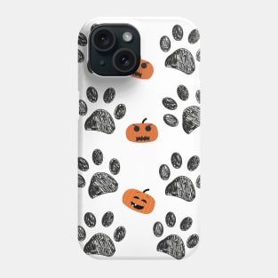 Doodle black paw prints with funny pumpkins Phone Case