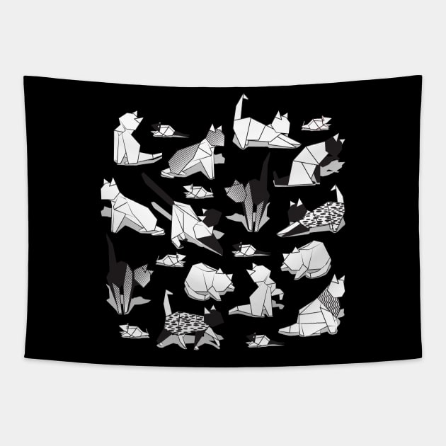 Origami kitten friends // black background black and white paper cats Tapestry by SelmaCardoso