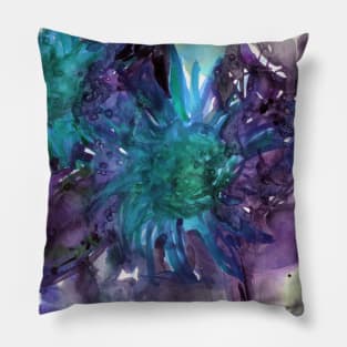 Abstract colorful background with watercolor wild flowers. Blue-violet-green painting with sunflowers. For the  fabric, textile, wall decor, wallpapers, covers and packaging. Pillow