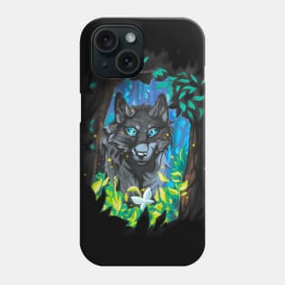 Black Wolf with Glowing Blue Eyes in the Forest Phone Case
