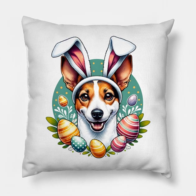 Toy Fox Terrier Enjoys Easter Egg Hunt Adventure Pillow by ArtRUs