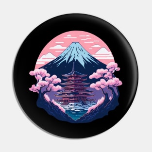 Symmetrical Japanese Pagoda, Mountain and Flowers Pin