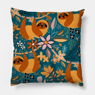 Happy Boho Sloth Floral Pillow