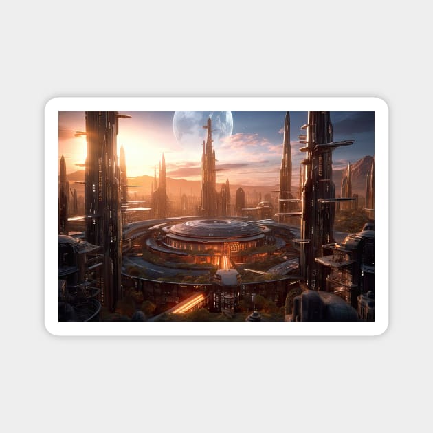 Celestial Babylon: Futuristic City of Wonders in Alien Moonlight Magnet by MerlinArt