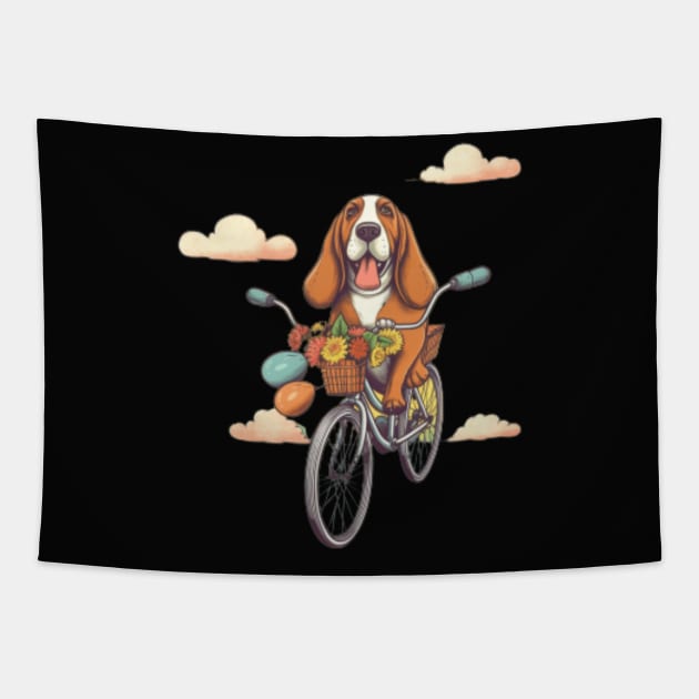 Cute cartoon dog basset hound bicycling Tapestry by WeLoveAnimals