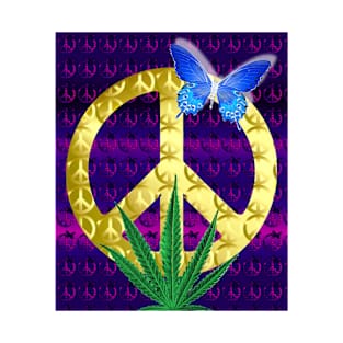 Gold Embossed Peace Sign with Blue Butterfly T-Shirt