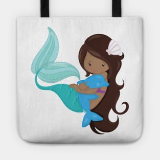 African American Mermaid, Brown Hair, Dolphin Tote