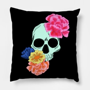 Light Green Skull with Neon Pink yellow orange and blue flowers Pillow