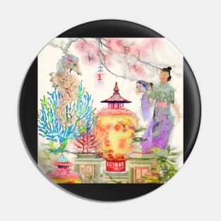 Chinoiserie landscape with seahorse watercolor painting Pin